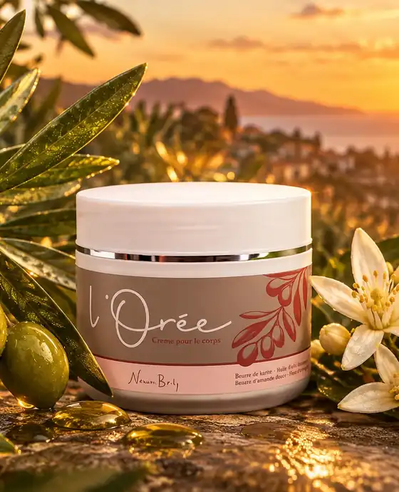 Pot de crème pour le corps L'Orée de NaosBody parmi les oliviers et fleurs d'oranger au coucher du soleil en Sicile